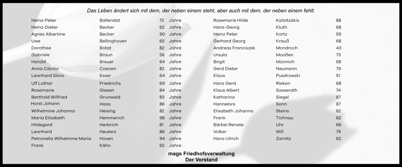 Name und Alter der 36 verstorbenen Mitmenschen aus Mönchengladbach, die keine eigene Trauerfeier hatten.