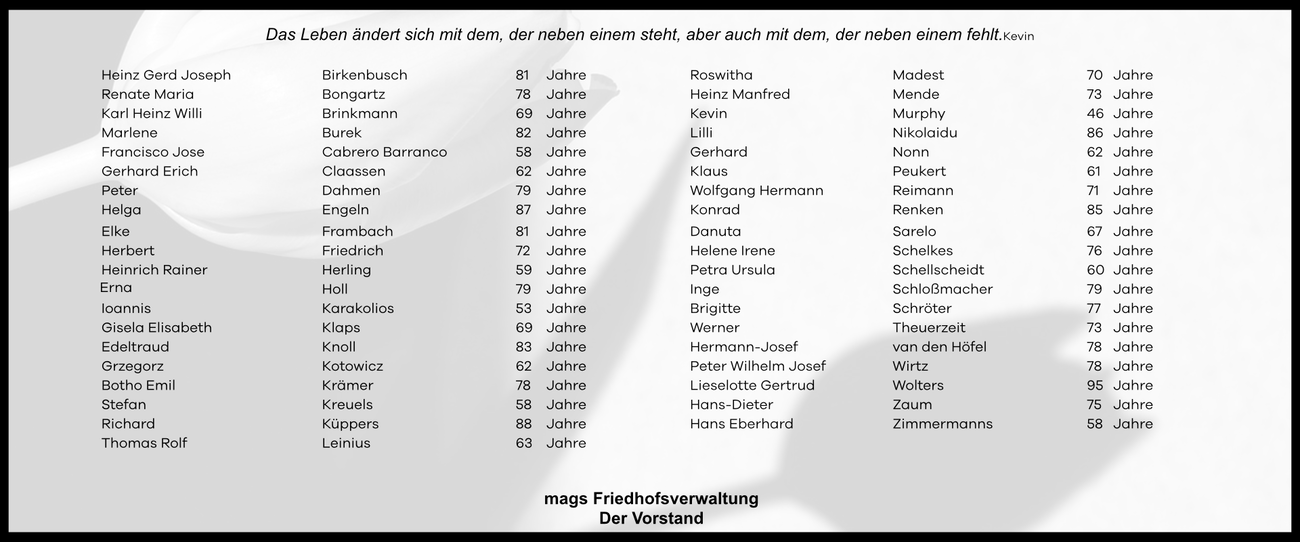 Name und Alter der 39 verstorbenen Mitmenschen aus Mönchengladbach, die keine eigene Trauerfeier hatten.