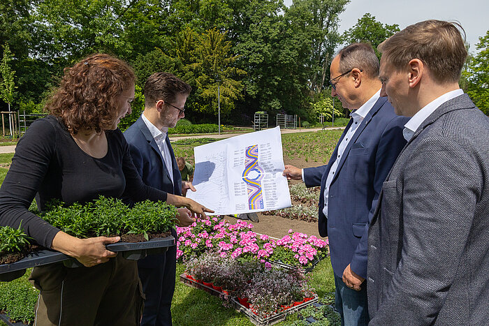 Frau erklärt drei Männern Pflanzplan vom Blumenbeet im Bunten Garten
