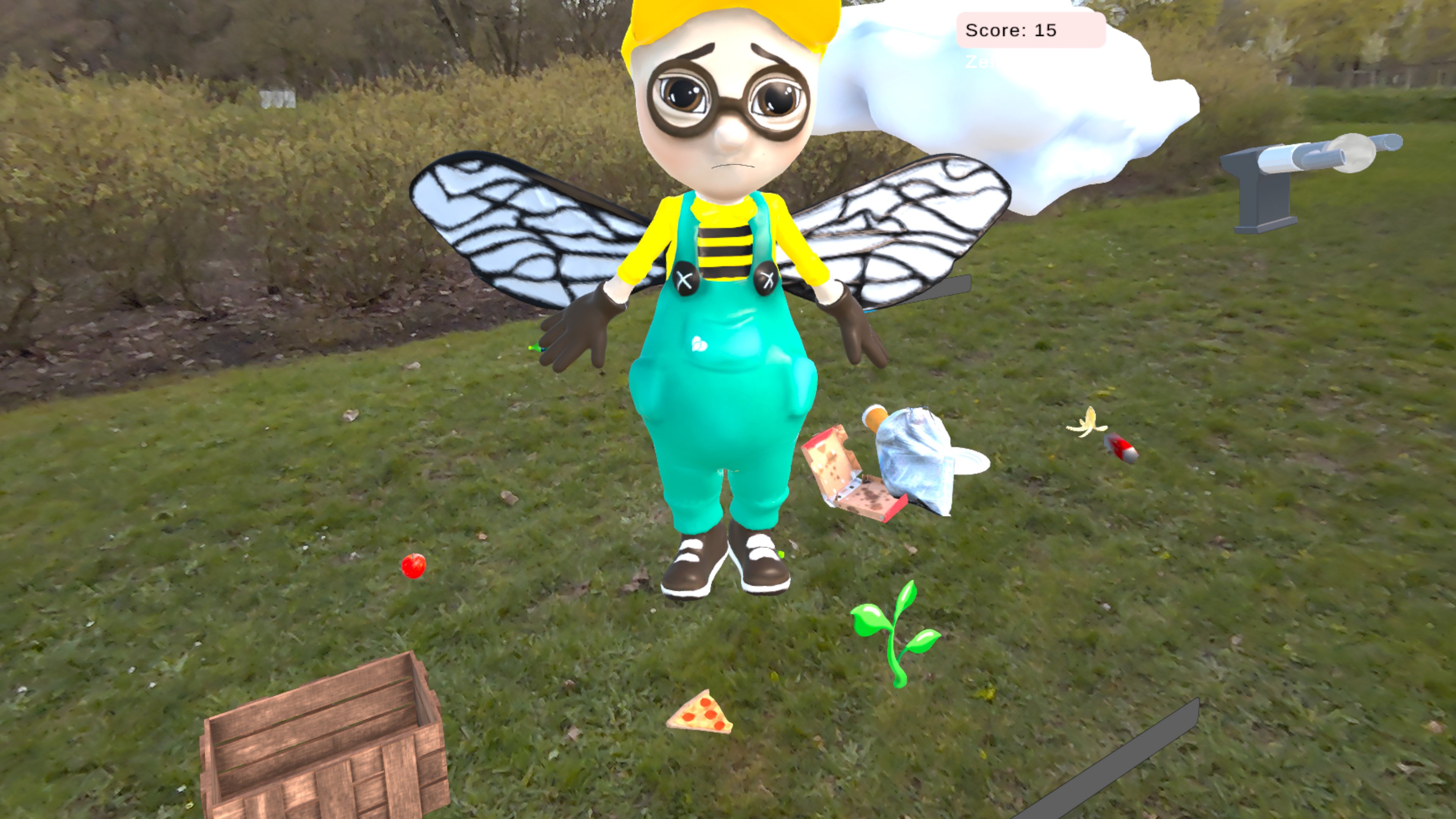 Aus der Sicht der Schüler*innen: Sie sehen die traurige Biene Max, die im Müll herumfliegt.