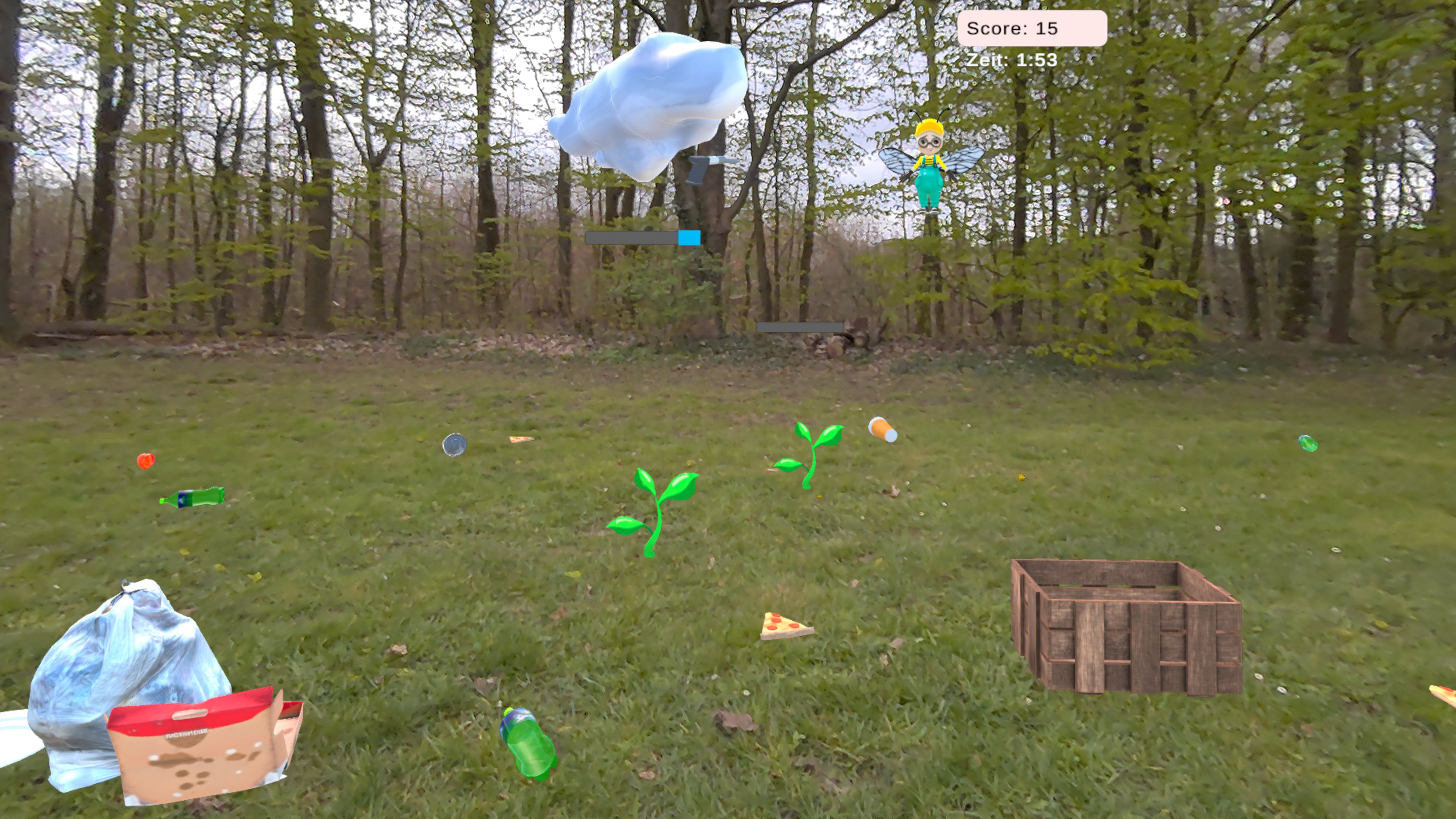 Aus der Sicht der Schüler*innen: Sie sehen die traurige Biene Max, die im Müll herumfliegt.